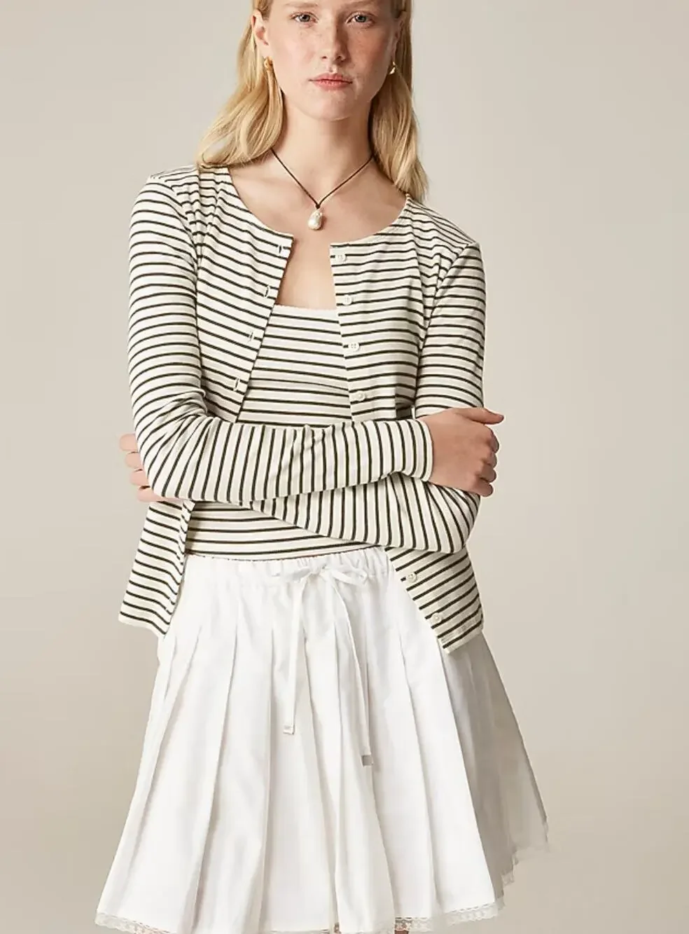 J Crew Fine Rib Knit Cardigan XS NWOT White Olive Green Button Top CI343 J.Crew